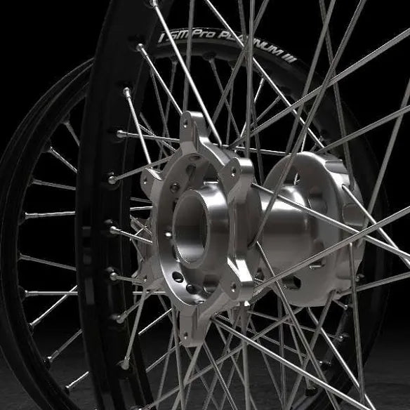SM PRO PLATINUM 10” Front Wheel E3/E5 Silver Hub, Black Rim, Stainless Steel Spokes and Nipples